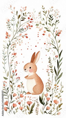 Cute woodland bunny surrounded by delicate floral frame in watercolor style