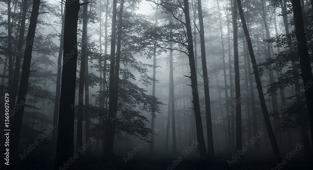 Naklejka premium Ethereal forest scene shrouded in mist creating a mysterious atmosphere