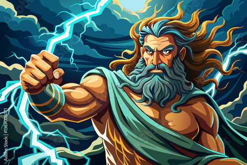 vector of Illustration of zeus, god of sky and thunder. zeus the king of the greek gods ready to scream lightning bolts down upon the earth and mankind. generative ai. Greek Mythology. ...