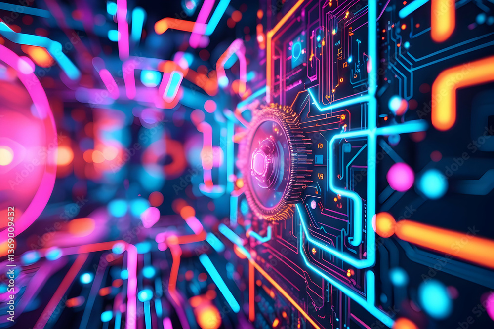 Futuristic digital technology background featuring glowing neon lights, interconnected lines, and abstract circuit board elements,A futuristic scene features neon blue glowing cubes and lines,electron Futuristic digital technology background featuring glowing neon lights, interconnected lines, and abstract circuit board elements,A futuristic scene features neon blue glowing cubes and lines,electron