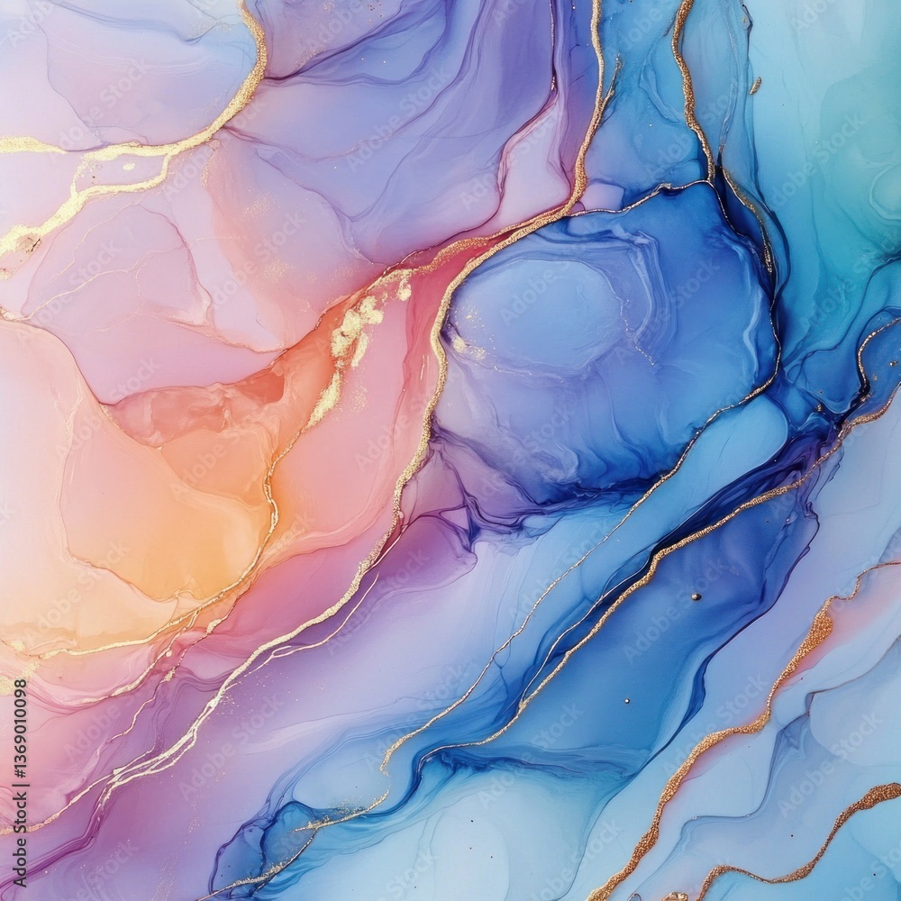 Fototapeta premium Abstract swirling colorful paint marble background with gold