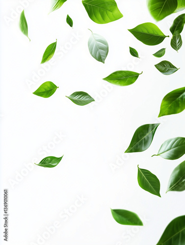 Wallpaper Mural Bright green leaves scattered against a white, slightly luminous background, creating a natural and fresh image. Torontodigital.ca