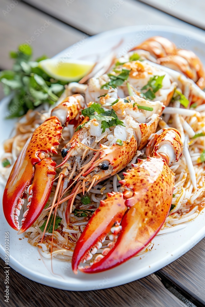 side angle of spicy Thai-style seafood noodles with lobster and herbs, vibrant food contrast, depth of field, street food table setting side angle of spicy Thai-style seafood noodles with lobster and herbs, vibrant food contrast, depth of field, street food table setting