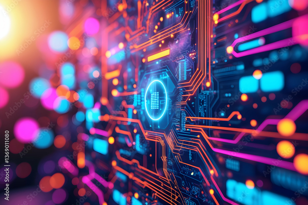 Futuristic digital technology background featuring glowing neon lights, interconnected lines, and abstract circuit board elements,A futuristic scene features neon blue glowing cubes and lines,electron Futuristic digital technology background featuring glowing neon lights, interconnected lines, and abstract circuit board elements,A futuristic scene features neon blue glowing cubes and lines,electron