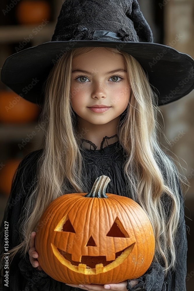 Realistic Image of Girl in Witch Costume Holding Halloween Pumpkin Realistic Image of Girl in Witch Costume Holding Halloween Pumpkin