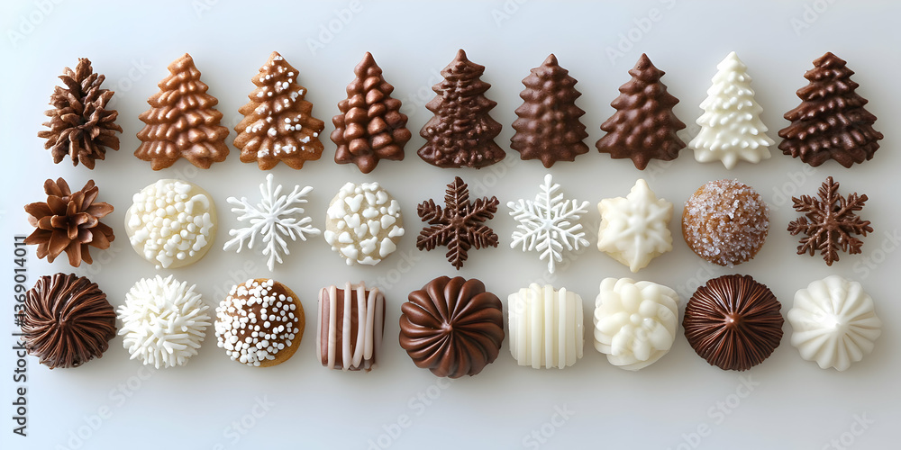 Studio Shot of Chocolate Candy Trees and Snowflakes Arranged Flat Lay Studio Shot of Chocolate Candy Trees and Snowflakes Arranged Flat Lay