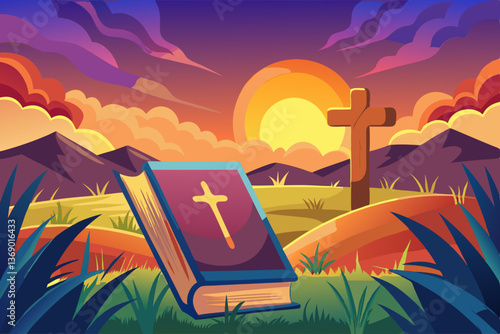 vector of Holy Book and Cross in Sunset Field