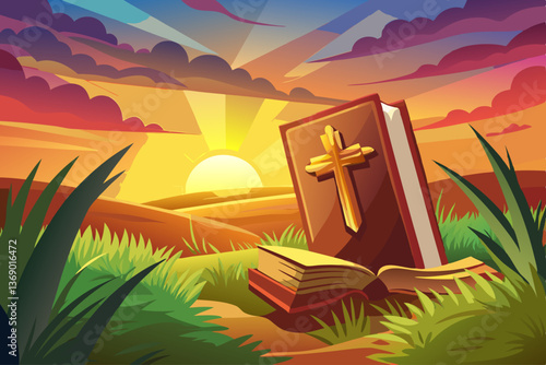 vector of Holy Book and Cross in Sunset Field
