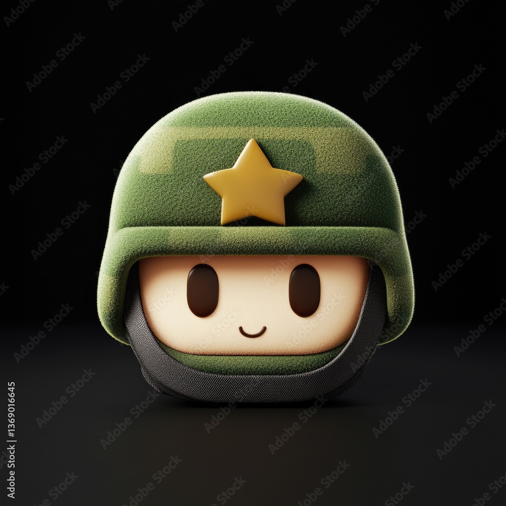 Fototapeta premium A cute smiling character figurine wearing a camouflage helmet adorned with a gold star The 3D rendering presents a fr