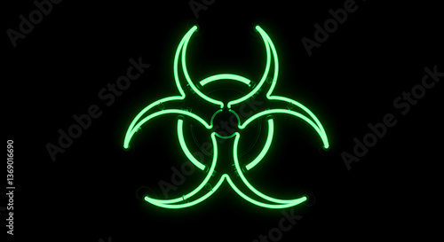 Intense Glowing Neon Green Biohazard Symbol Displayed Against Black Backdrop