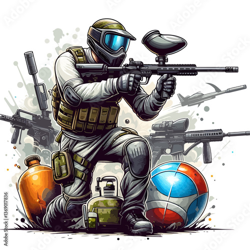 A man in a camouflage outfit is holding a rifle and a paintball gun