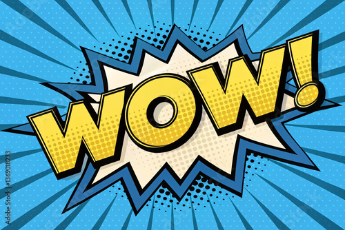 Comic Book Style WOW Text with Explosion Effect on Blue Halftone Background