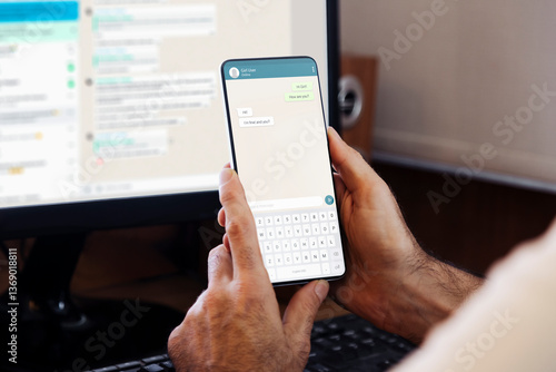 Man showing a phone in his hand and chatting app on the screen of smartphone. Communication Technology, application.