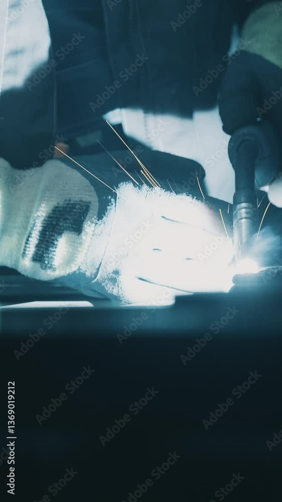 A man works with a welding machine at a factory. A welder welds metal in a workshop. Sparks fly from hot metal. The man worked hard on the steel. Close-up slow motion in the garage. 4K video A man works with a welding machine at a factory. A welder welds metal in a workshop. Sparks fly from hot metal. The man worked hard on the steel. Close-up slow motion in the garage. 4K video