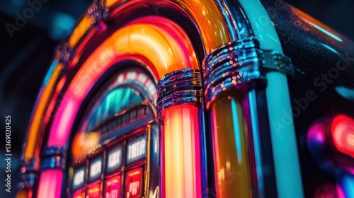 Close-up of a vibrant and retro-styled jukebox with neon lights.