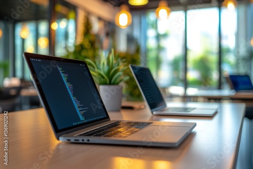 Wallpaper Mural Sleek modern laptops neatly positioned on a table in a professional corporate office workspace Torontodigital.ca