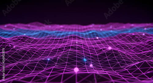 Futuristic neon grid landscape with glowing nodes for science and technology