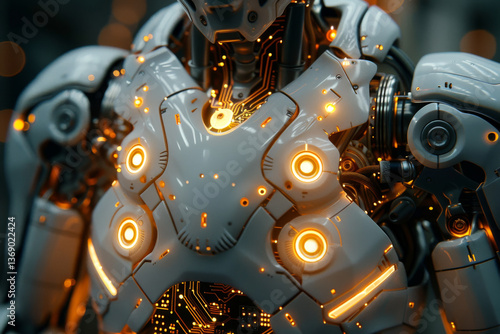 A close-up of a robot’s armored torso features illuminated circuits and mechanical details with a sleek design.