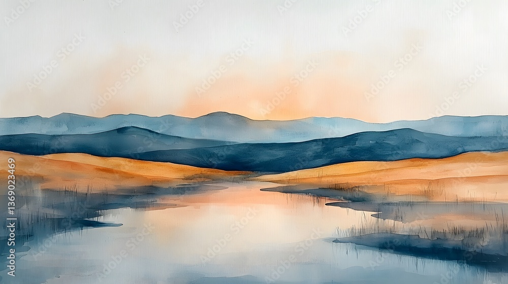 Fototapeta premium Serene sunset over calm lake and rolling hills