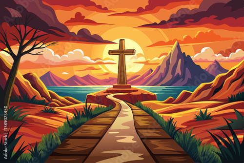 vector of Path to hope and salvation leading to the cross at sunset