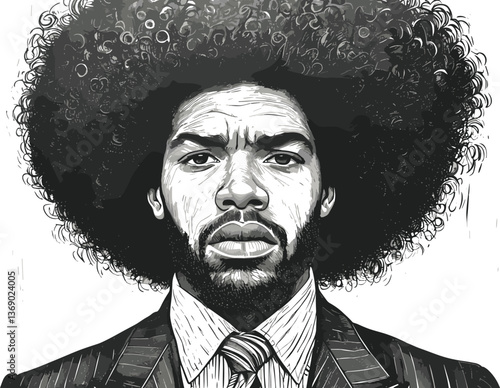 man with an exaggerated voluminous afro hairstyle, blending artistic surrealism with a bold vintage aesthetic sketch engraving generative ai vector