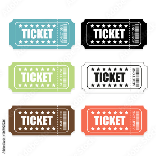 Tickets, set, old style, single entry, vintage, retro concert and festival ticket, cinema coupon. Vector paper, ticket barcode