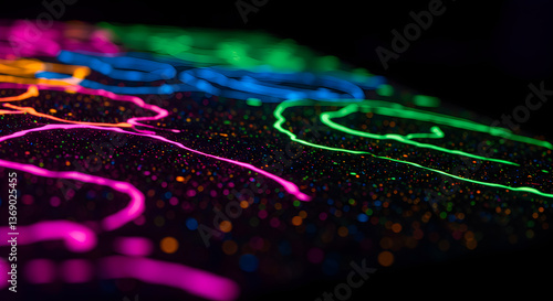 Abstract neon luminescence paint under blacklight illuminating dark surface