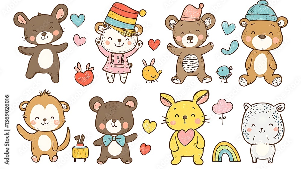 design cute animal sticker wear suite with line color style more action in white background isolated on white,clip art ,remain space between border each corner and rainbow and toy and hat and heart
design cute animal sticker wear suite with line color style more action in white background isolated on white,clip art ,remain space between border each corner and rainbow and toy and hat and heart