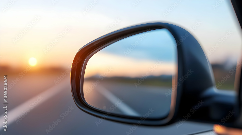 Fototapeta premium Car Side Mirror Reflecting Sunset Highway