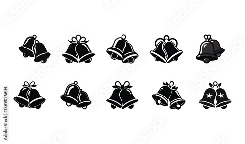 Collection of simple black bell icons and jingle bells