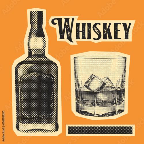 whiskey bottle and a glass, vintage halftone style, retro photocopy effect collection