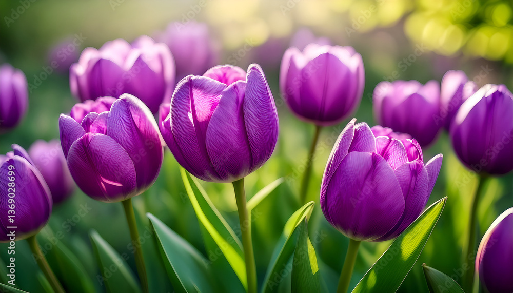 Fototapeta premium Close Up For Purple Tulips On Green Blurry Background With Bokeh Effect, Natural Scene, Outdoors, Breezy Feel, Cool Colors, Spring Flowers, Fully Bloom