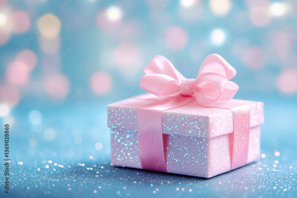 Pastel pink gift box with bow on bokeh background for valentine s day banner design and text space Pastel pink gift box with bow on bokeh background for valentine s day banner design and text space