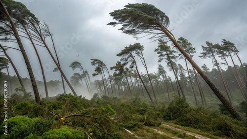 A scenic view of trees bending in strong wind. A display of nature's power and atmospheric force 