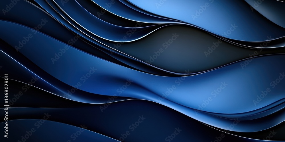 Fototapeta premium Abstract background with dark blue and gray tones, featuring flowing shapes of fabric or waves