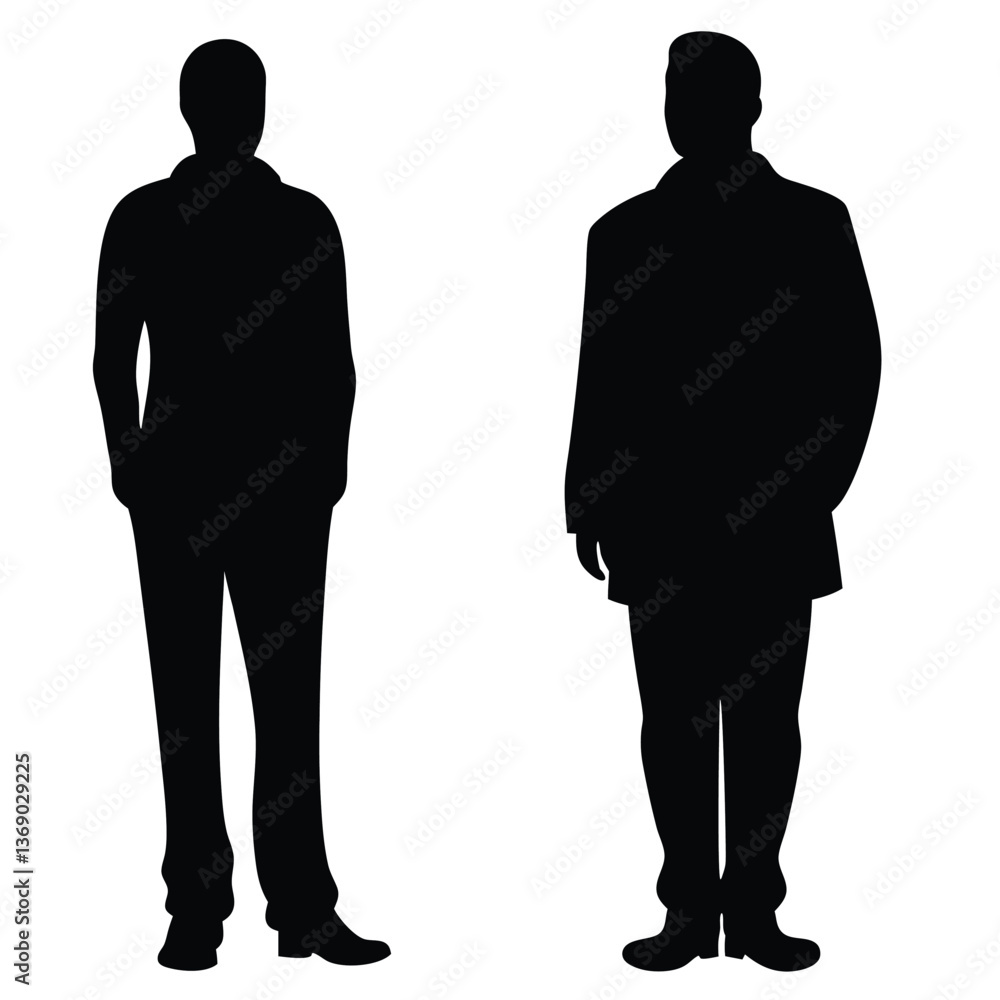 Silhouette of two man in a suit, confident and poised. Silhouette of two man in a suit, confident and poised.