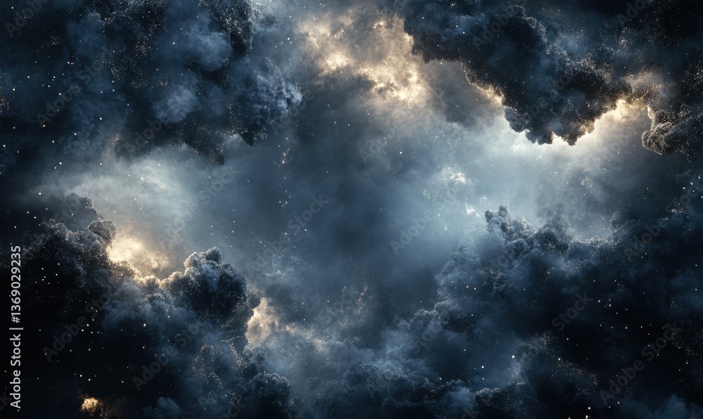 Obraz premium Dramatic dark storm clouds with lightning, stars, atmospheric background