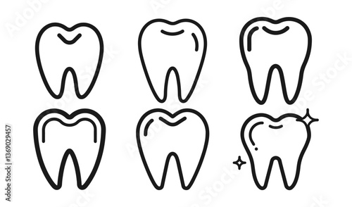 Set of dental icons and symbols showing teeth and tooth designs for healthcare, hygiene, and dentistry