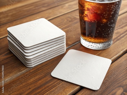 Blank White Square Drink Coasters on Wooden Table with Soda