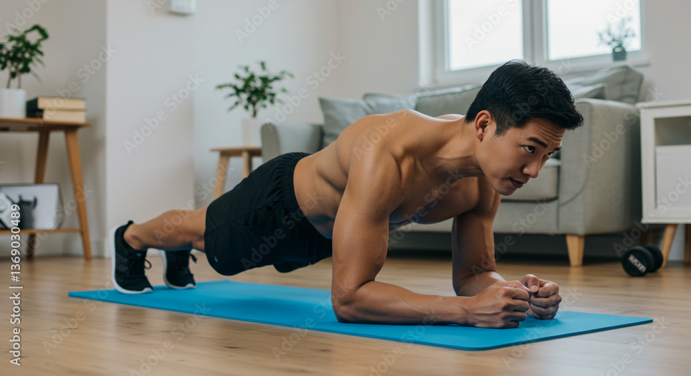 A determined man holding a plank position during his intense home workout, showcasing his strength and dedication in a bright, comfortable living room setting. A determined man holding a plank position during his intense home workout, showcasing his strength and dedication in a bright, comfortable living room setting.