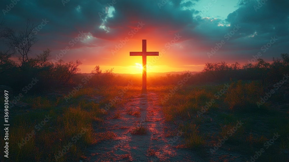 Cross silhouette at sunset on grassy field with dramatic sky, peaceful, hope Cross silhouette at sunset on grassy field with dramatic sky, peaceful, hope