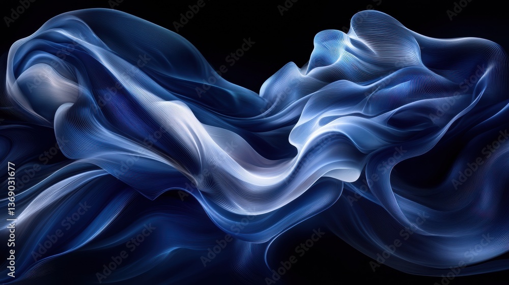Fototapeta premium Abstract background with dark blue and gray tones, featuring flowing shapes of fabric or waves