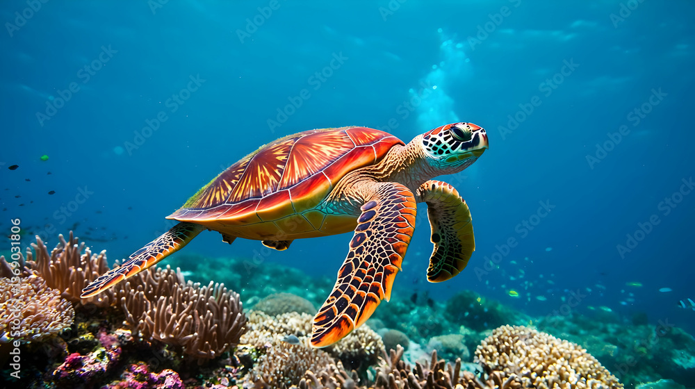 Fototapeta premium Colorful Sea Turtle Swimming Over Coral Reef