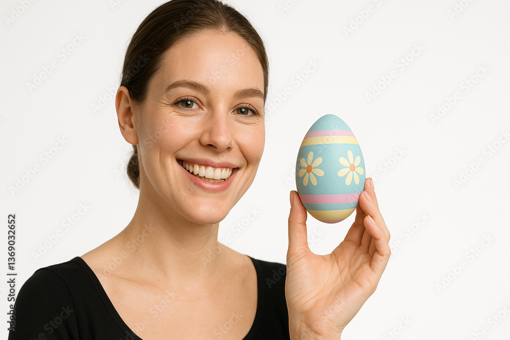 Smiling women holding decorated Easter eggs on white background Smiling women holding decorated Easter eggs on white background