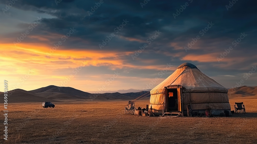 Fototapeta premium Sunset over Mongolian Steppe with Yurt
