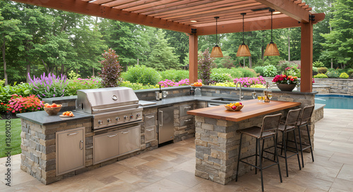 Stylish Outdoor Kitchen with Built-in Grill and Bar Overlooking Lush Garden