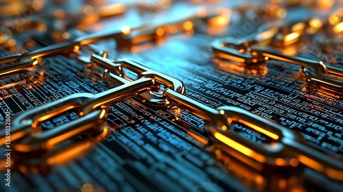 Chained digital data.  Interconnected links bind complex information