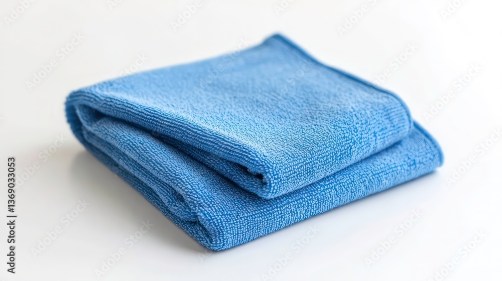 Two folded blue microfiber cloths displayed on plain white background. Cloths texture evident, looks soft. Cleaning cloth suitable for kitchen household cleaning task. Top view closeup. Two folded blue microfiber cloths displayed on plain white background. Cloths texture evident, looks soft. Cleaning cloth suitable for kitchen household cleaning task. Top view closeup.