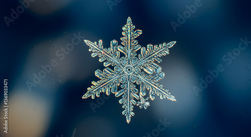 Intricate snowflake crystal close up revealing complex hexagonal dendritic patterns