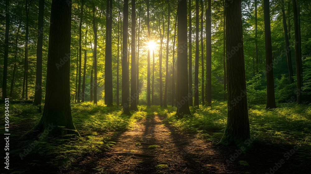 Obraz premium Sunlight streams through forest trees
